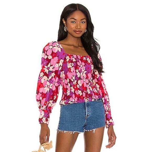 NWT Free People Ariana Pink Floral Cotton Smocked Crop Long Sleeve Top Small - Picture 2 of 12